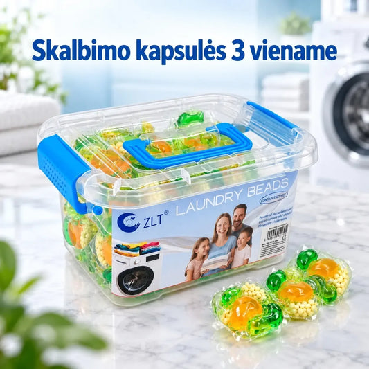 Švarios skalbinių kvapniosios kapsulės, 60 vnt., lengvai matomos, su aromatinga išvaizda ir pakuotės detalėmis.