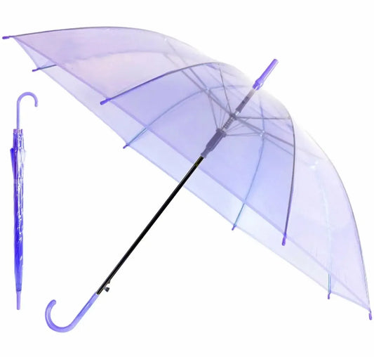 Skaidrus automatinis violetinis skėtis HAPPY RAIN su aiškiu kupolu ir automatinio atidarymo mechanizmu, patogus naudoti lietingomis dienomis.