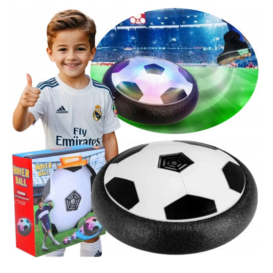 Skraidantis futbolo kamuolys su LED šviesomis, sporto žaislas naktiniam žaidimui, šviečia mėlynai ir raudonai.