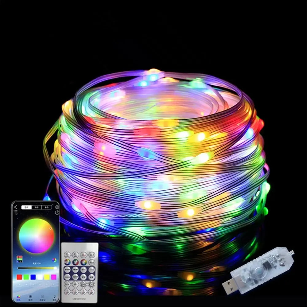 Išmanioji RGB LED Kalėdinė girlianda su programėle, spalvų keitimas ir šviesos efektai, dekoratyvi Kalėdinė šviesos juosta