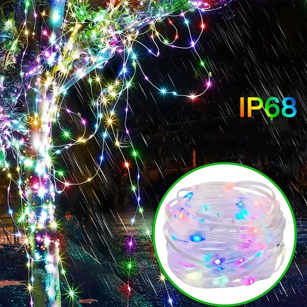 Išmanioji RGB LED kalėdinė girlianda su valdymo programėle, spalvingas apšvietimas ir reguliuojamos šviesos funkcijos.