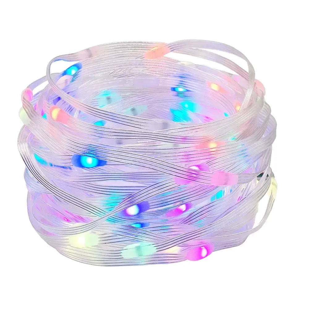 Išmanioji RGB LED kalėdinė girlianda su programėle, spalvingi šviesos efektai ir reguliavimas mobiliuoju telefonu.