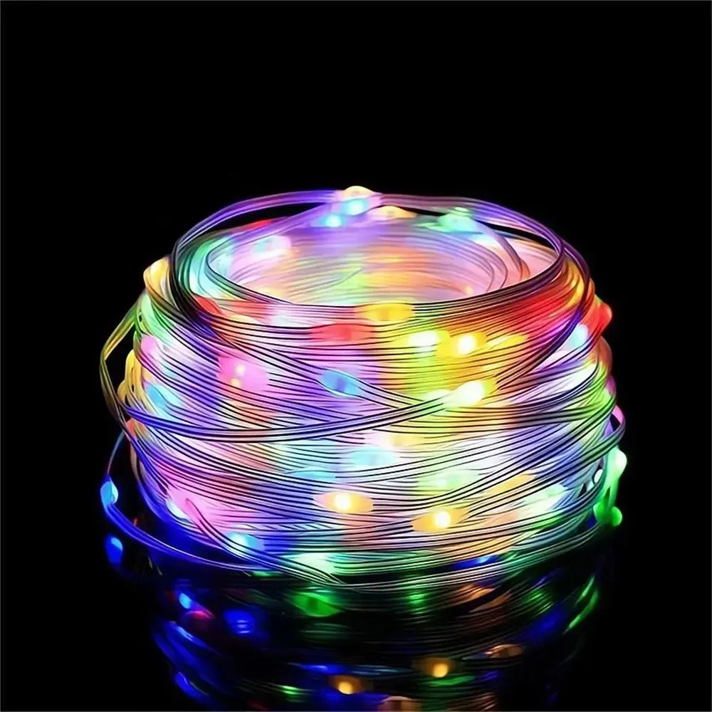 Išmanioji RGB LED kalėdinė girlianda su programėle, spalvingai apšviečia kalėdinę dekoraciją, valdymas per mobiliąją programėlę.