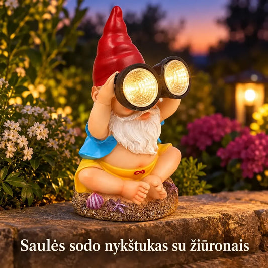 Sodo nykštukas su šviečiančiais žiūronais ir saulės panele, dekoratyvinis mažas sodo statinys, žavus ir funkcionalus apšvietimas.