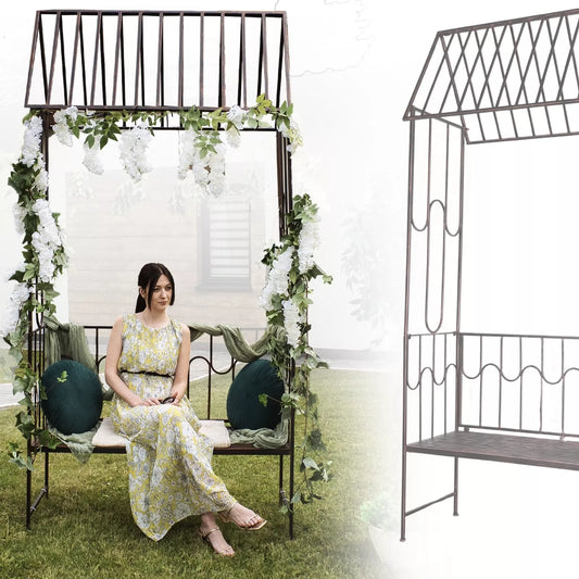 Dārza pergola ar soliņu, antīkas brūnas krāsas, metāla