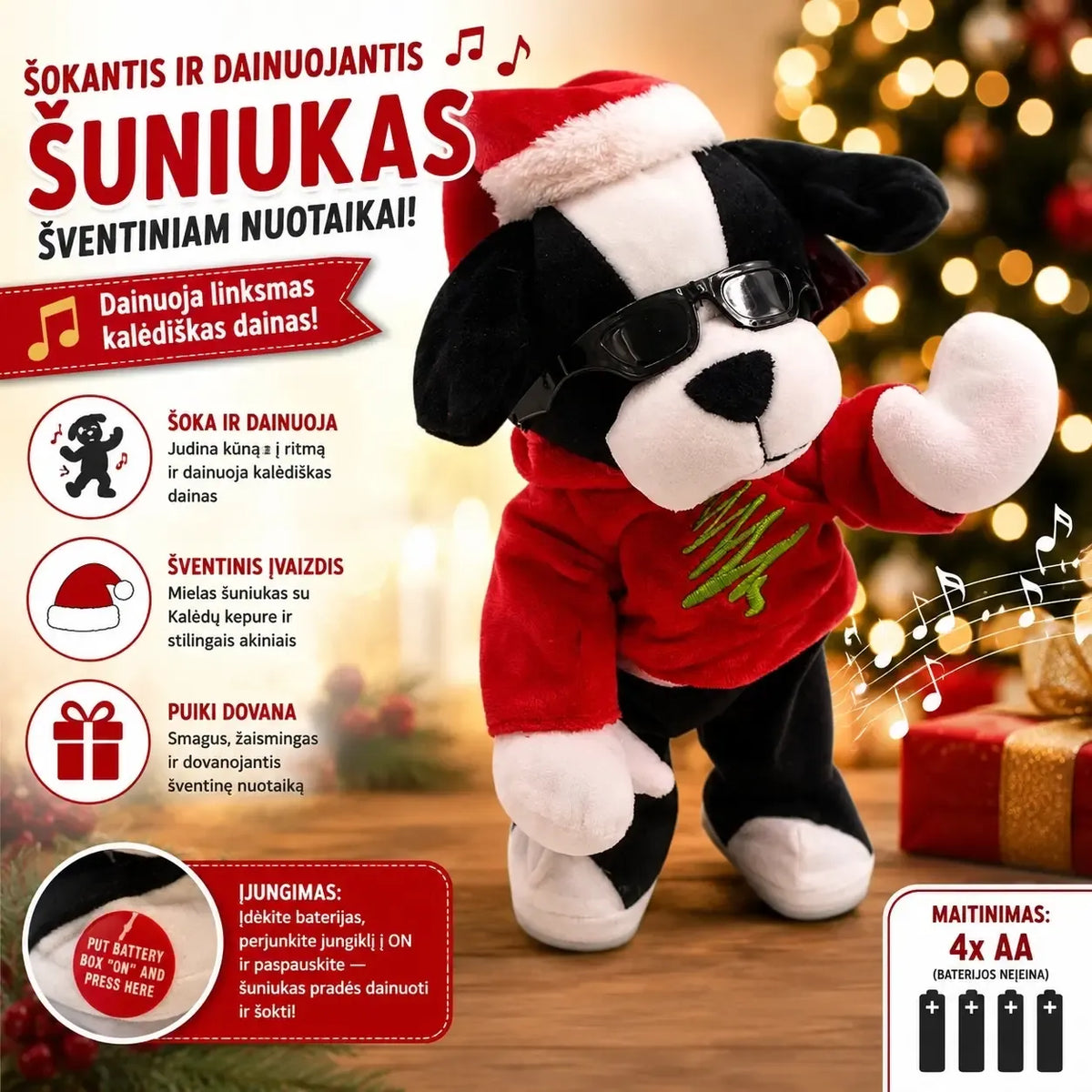 Interaktyvus šokantis ir dainuojantis kalėdinis šuniukas su raudona apranga, žaismingai šoka ir dainuoja kalėdų nuotaikai.