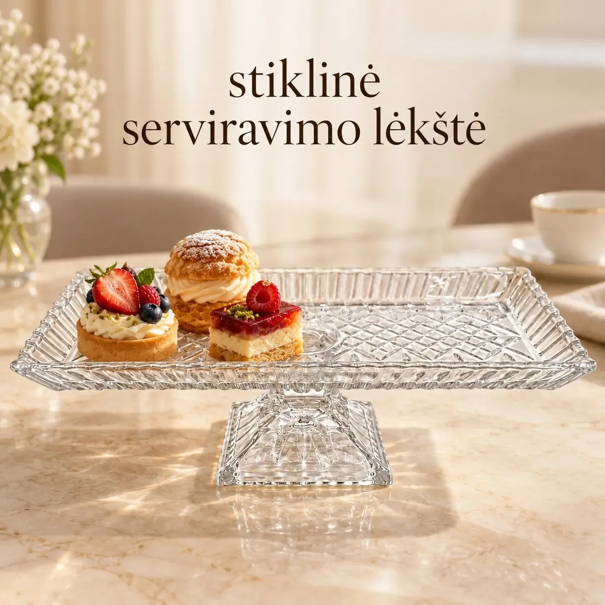 Stačiakampė stiklinė serviravimo lėkštė, skaidri ir moderni, tinkama patiekalų pateikimui.