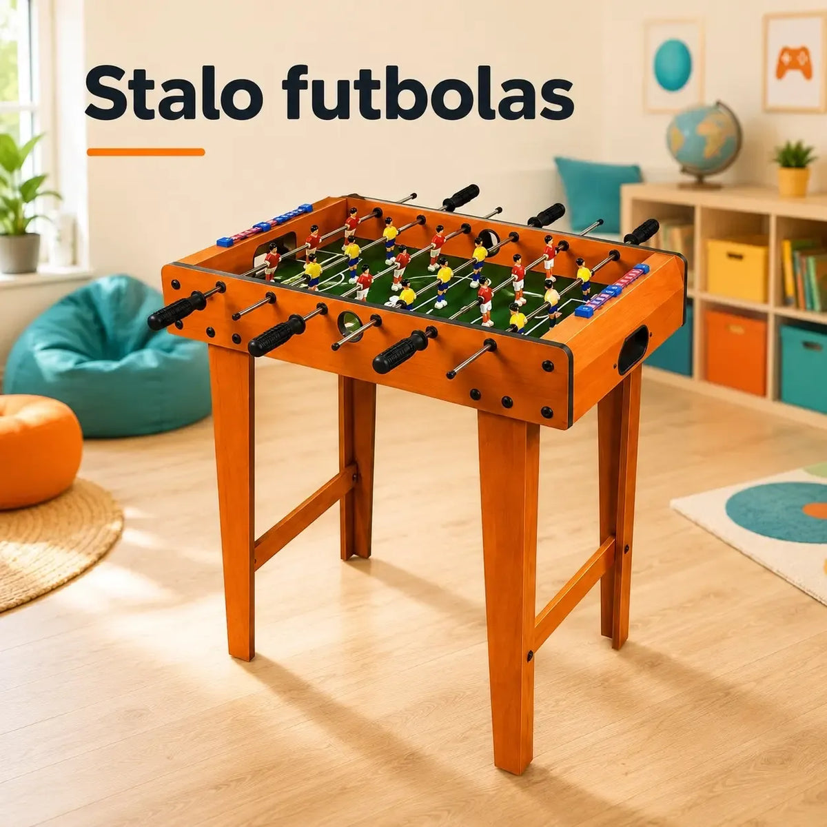 Stalo futbolo žaidimas su kojelėmis TR2354A, žaislas šeimai, su smailiomis ir rankenėlėmis, skirta žaidimams ir pramogoms.