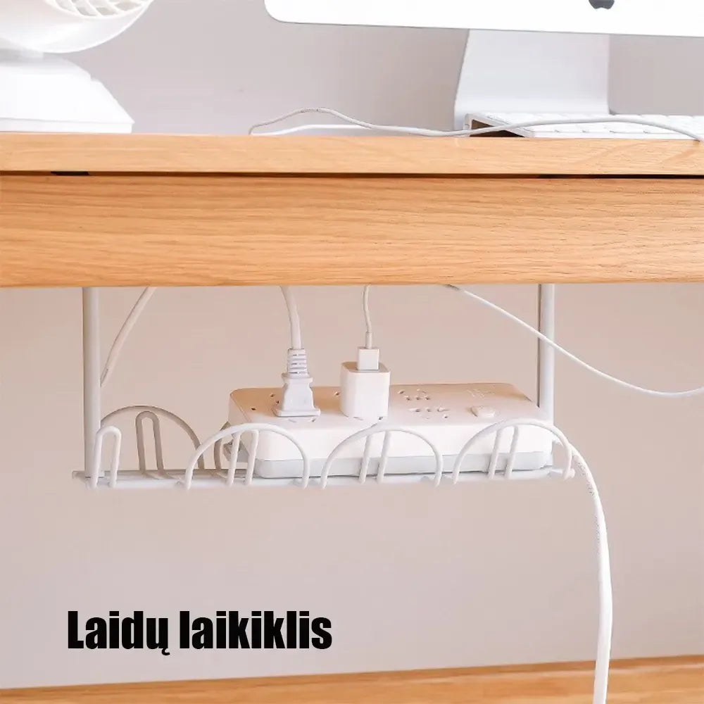 Stalo laidų laikiklis, saugiai ir tvarkingai pritvirtintas prie darbo stalo, padeda organizuoti kabelius ir laidus.
