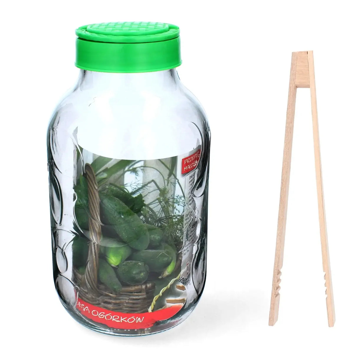 Stiklainis 5 l su plastikiniu dangteliu ir žnyplėmis, tinkamas maisto laikymui, aiškiai matomas stiklainio išvaizda.