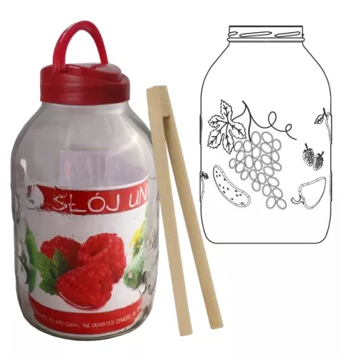 Stiklainis 5 L su plastikiniu dangteliu ir žnyplėmis