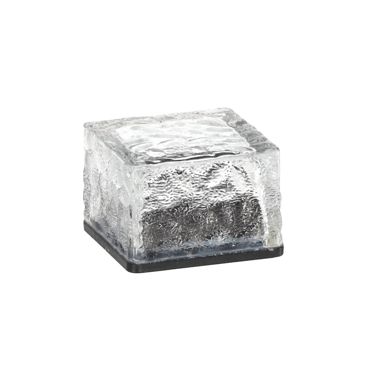 Stiklinė saulės lempa kubo formos, 7x7x5 cm, šaltai balta LED šviesa, skirta apšvietimui ir dekoracijai.