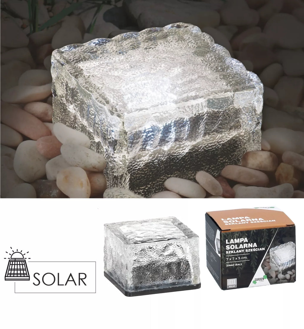 Stiklinė saulės lempa – kubas 7 × 7 × 5 cm, šaltai balta LED