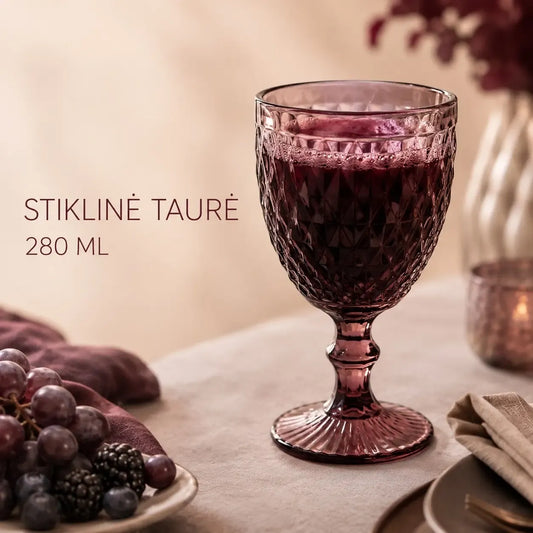 Dūminės rožinės stiklinės taurės 280 ml vidinis vaizdas, skaidri ir elegantiška, tinkama gėrimams.