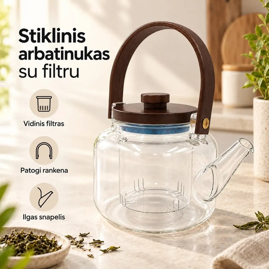 Stiklinis arbatinukas su dangteliu, 1000 ml, skaidrus ir stiklinis, tinkamas arbatos ruošimui ir serviravimui.