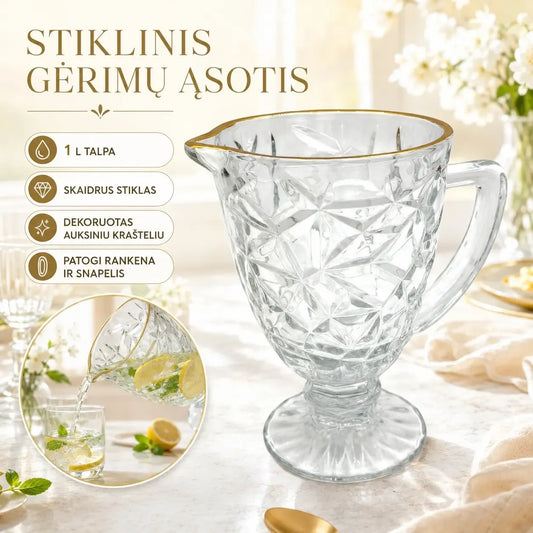 Stiklinis ąsotis "Gold" su aukso detalėmis, skaidrus stiklas, tinkamas gėrimams ir serviravimui.