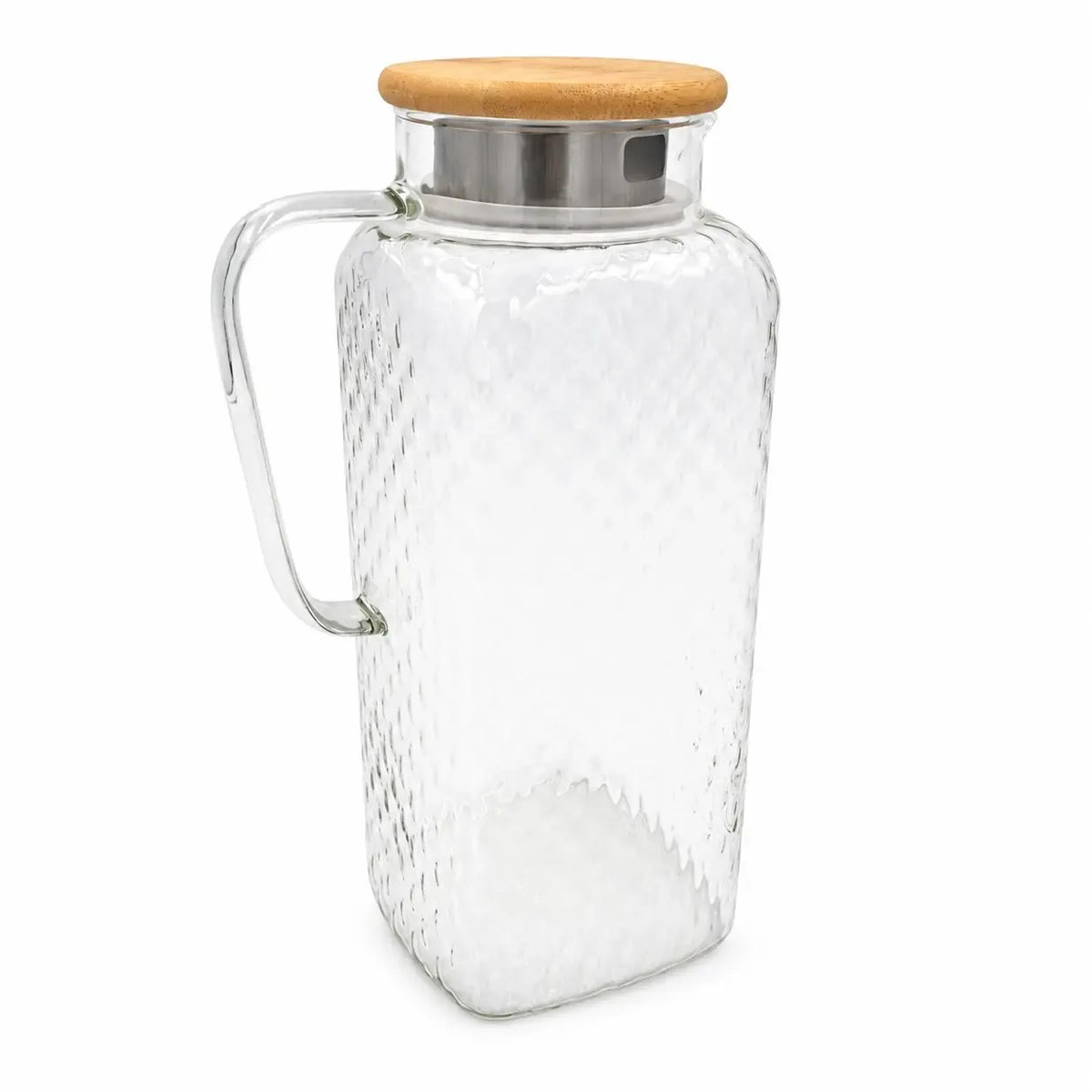Stiklinis ąsotis su bambukiniu dangteliu, 1800 ml, skaidrus, su rankenomis ir natūralaus bambuko dangteliu.