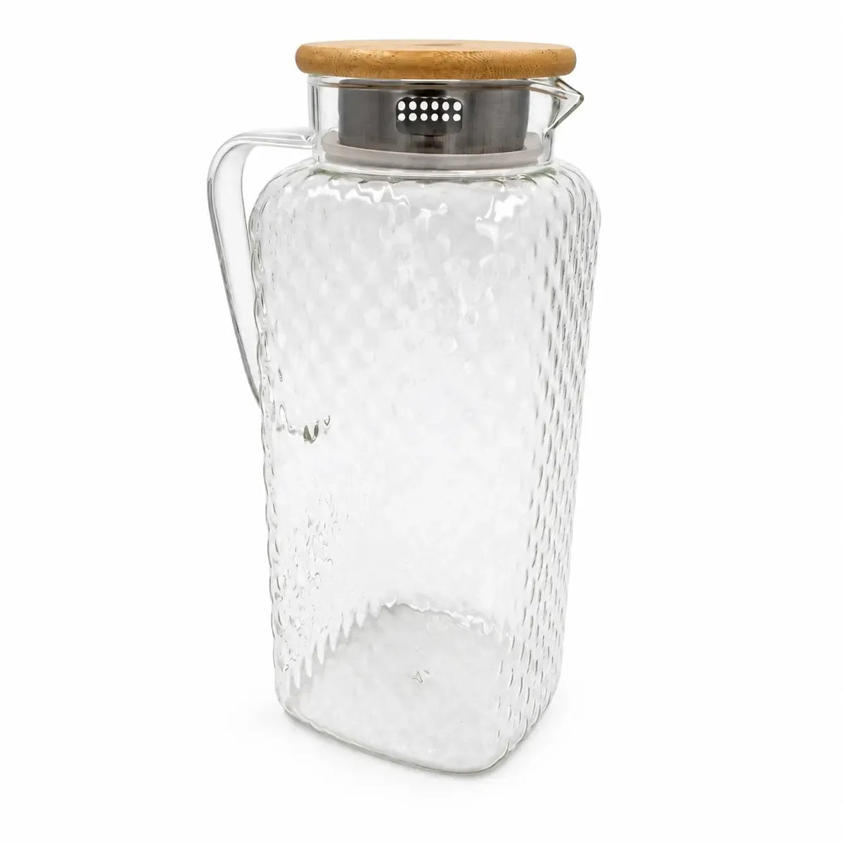 Stiklinis ąsotis su bambukiniu dangteliu, 1800 ml, skaidrus stiklas, tinkamas vaisių ir vandens laikymui.