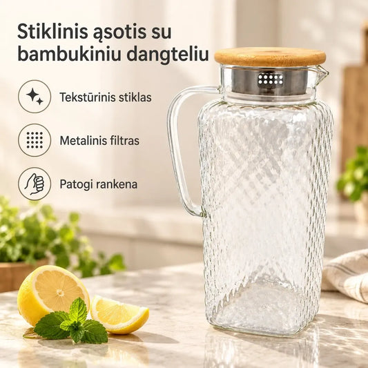 Stiklinis ąsotis su bambukiniu dangteliu, 1800 ml, skaidrus ir elegantiškas, idealiai skirta gėrimams laikyti.