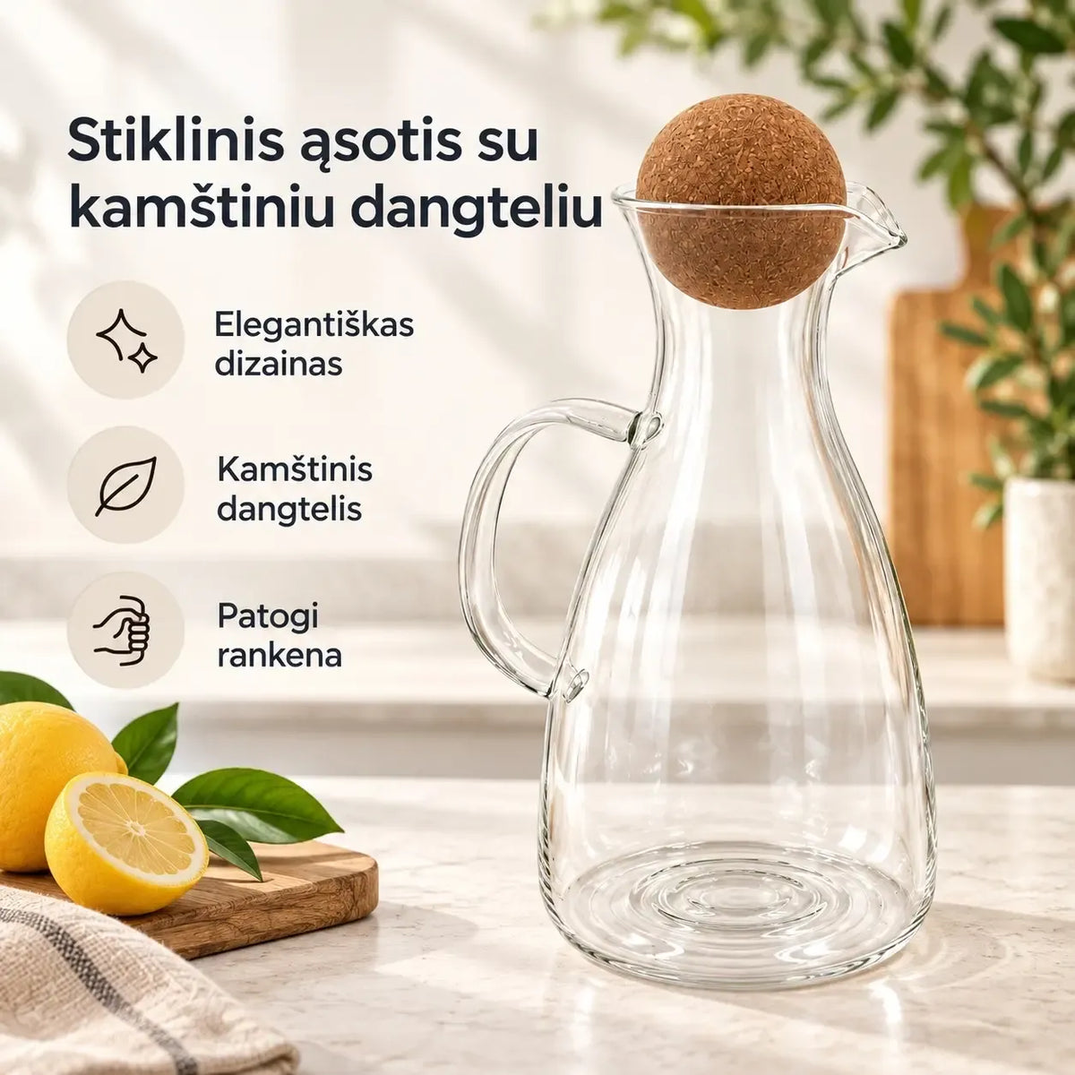 Stiklinis ąsotis su kamštiniu dangteliu, talpa 1600 ml, skaidrus stiklas, tinkamas gėrimams laikyti ir serviruoti.