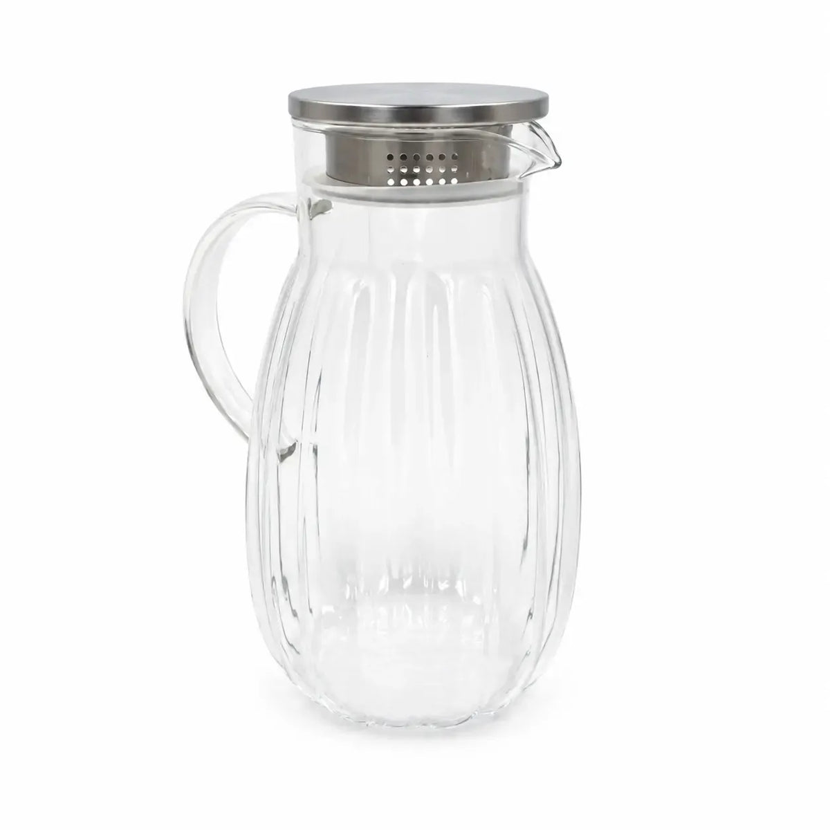 Stiklinis ąsotis su metaliniu dangteliu, talpa 1800 ml, aiškiame stiklo variante, tinkamas gėrimams laikyti.