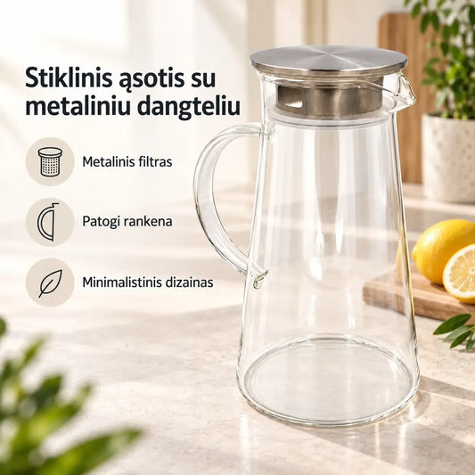 Stiklinis ąsotis su metaliniu dangteliu, talpa 1800 ml, aiškus ir elegantiškas namų apytakai, virtuvės reikmenys.