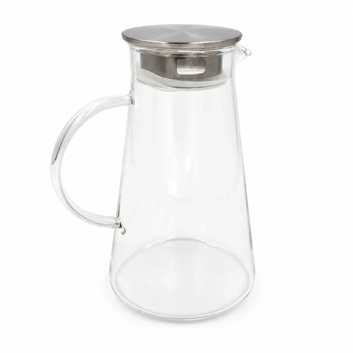 Stiklinis ąsotis su metaliniu dangteliu, 1800 ml, aiškus skaidrus stiklas, puikiai tinka vandeniui ar sulčių laikymui.