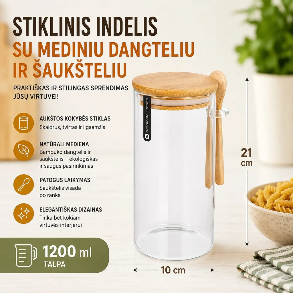 Stiklinis indas su mediniu dangteliu ir šaukšteliu