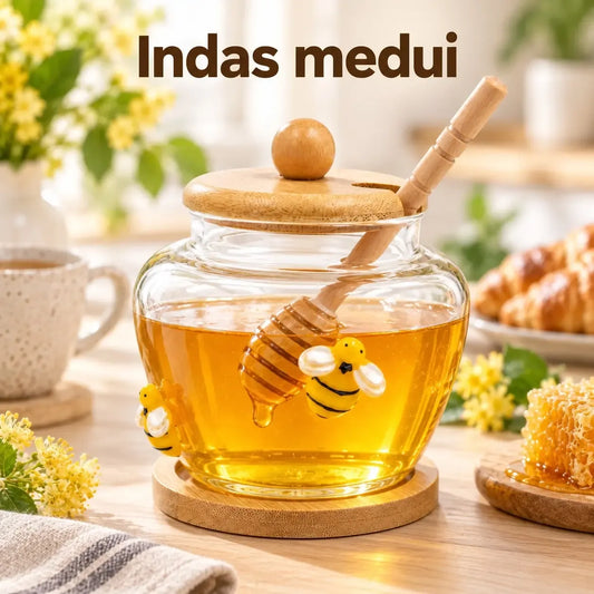 Stiklinis medaus indelis su mediniu šaukšteliu, 450 ml, aiškiai matosi skaidrus stiklas ir medinis šaukštelis.