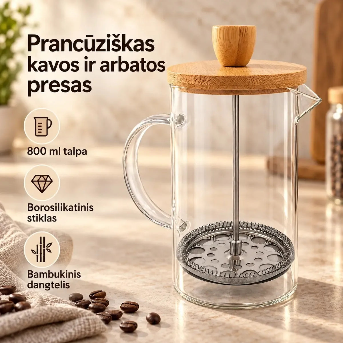 Stiklinis kavavirš su nuspaudžiamu filtru, 800 ml, matinė stiklo mergina su kavos filtru ir rankena.