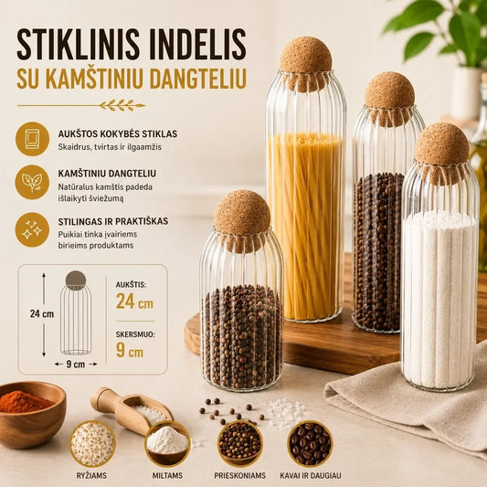 Stiklinis maisto saugojimo indas su kamštiniu dangteliu, 24 cm, aiškiai matomas ir tinkamas maisto laikymui.