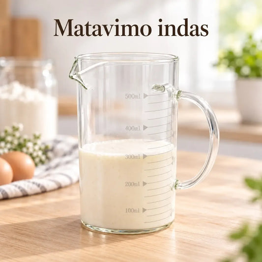 Stiklinis matavimo ąsotis su 500 ml talpa, skaidrus ir su matavimo žymėmis, tinkamas maistui ir virtuvės naudojimui