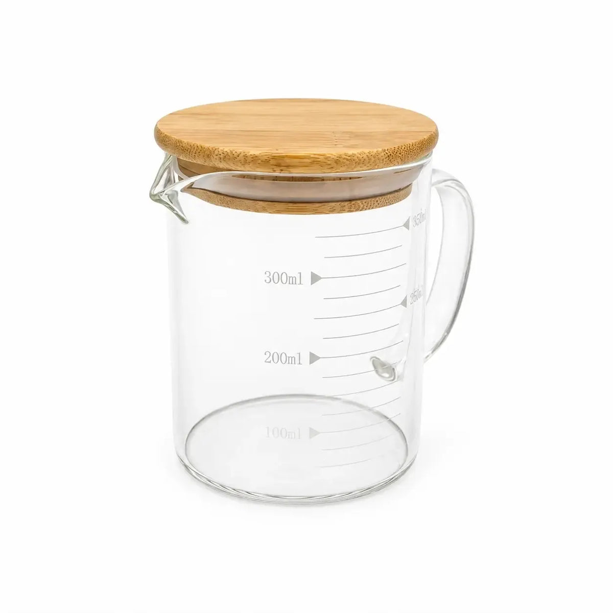Stiklinis puodelis su bambukiniu dangteliu ir matavimo skale, 250 ml, skaidrus, su rankena.