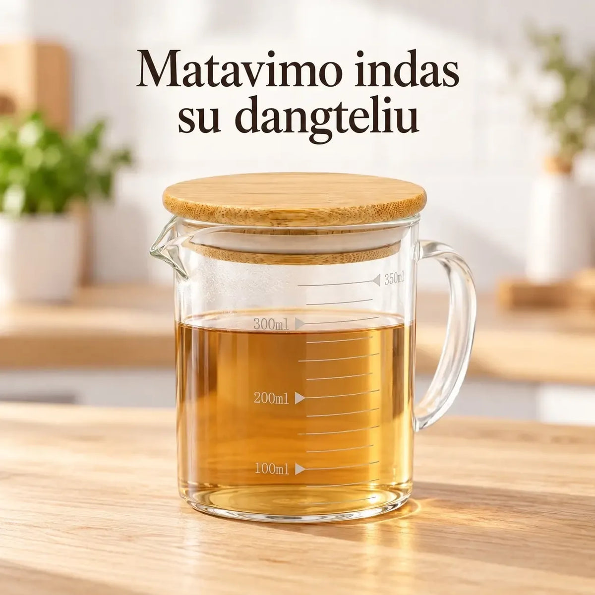 Stiklinis puodelis su bambukiniu dangteliu ir matavimo skale, 250 ml, skaidrus, su matavimo žymėmis ir patvariu dangteliu