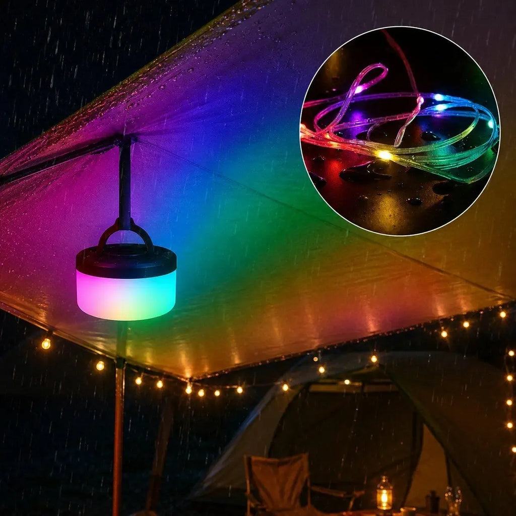 Stovyklavimo LED lempa su nešiojamu korpusu lauko apšvietimui