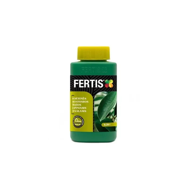 Lapai su sudėtinėmis skystomis trąšomis FERTIS, 0,25 l, lapiniams augalams, natūraliai ir efektyviai maitinantys.