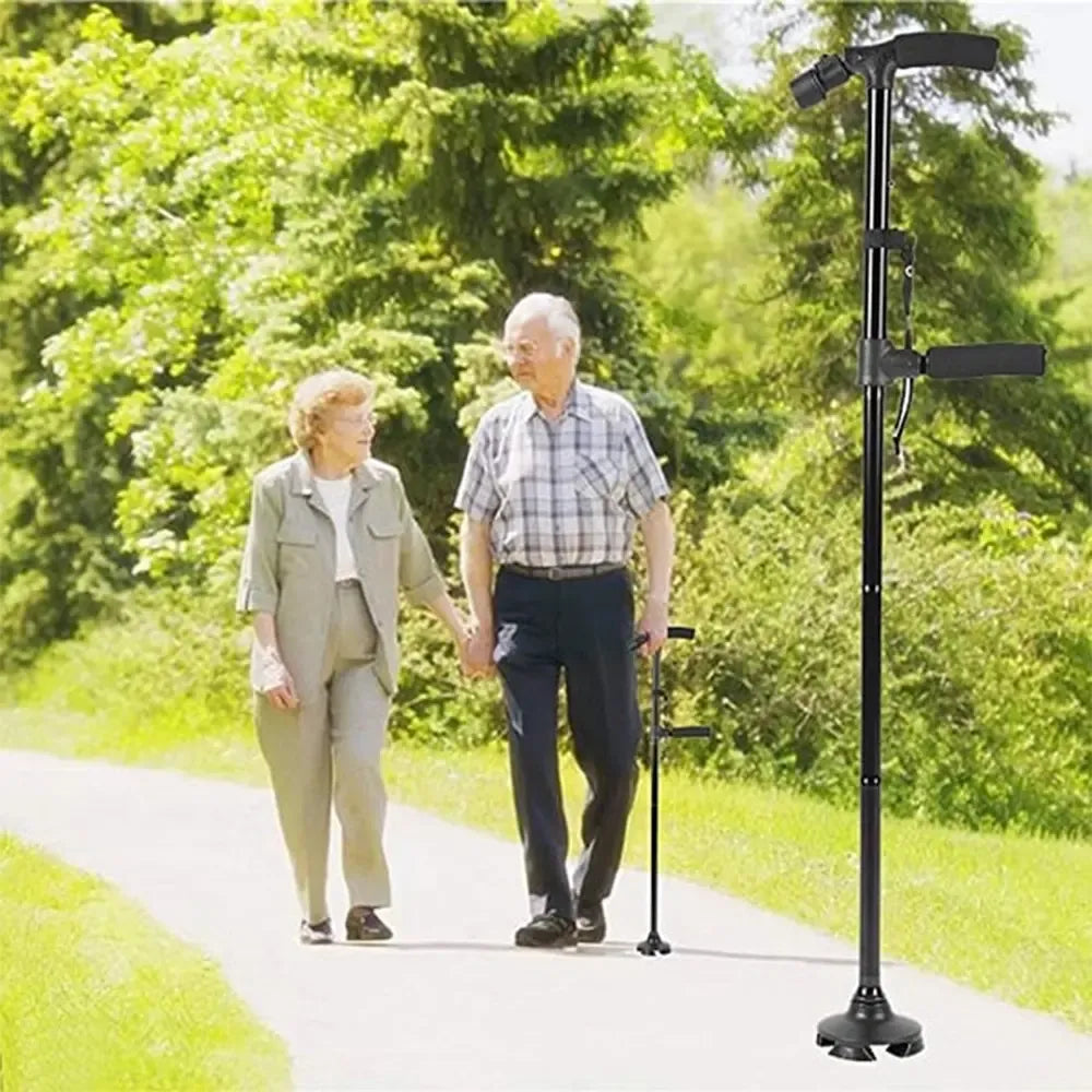 Sulankstoma vaikščiojimo lazda su LED žibintuvėliu, patogi naudoti, tvirtas konstrukcija ir reguliuojamas ilgis.