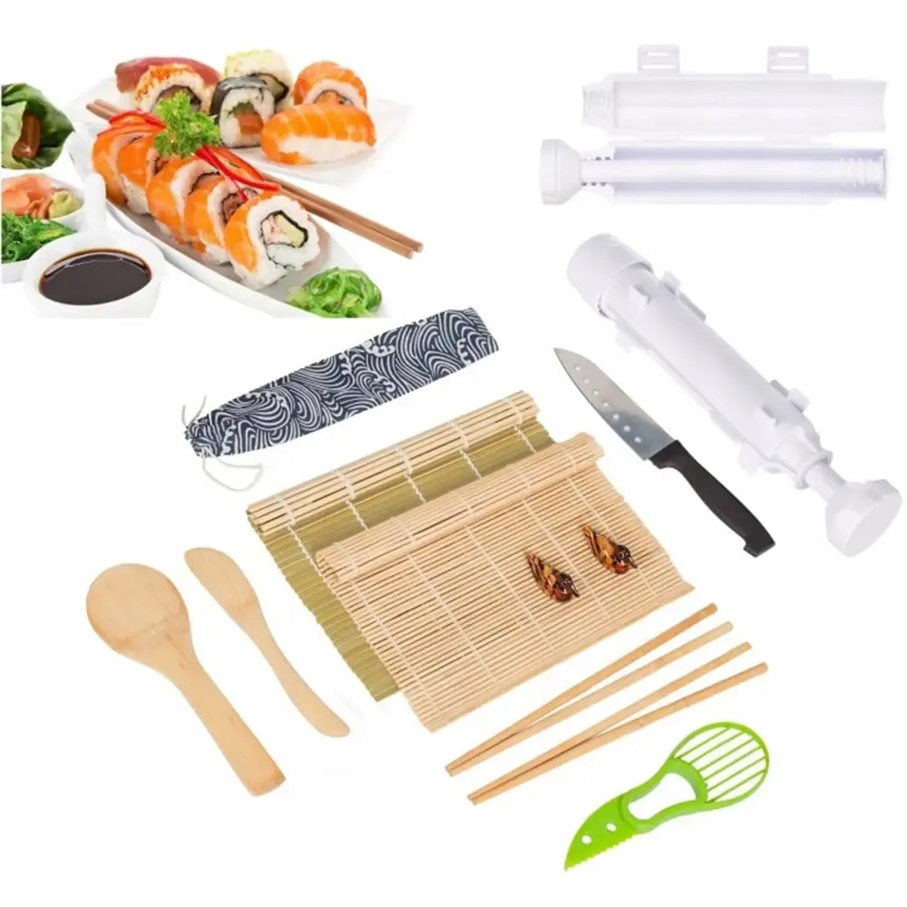 Sushi gaminimo rinkinys – pilnas komplektas naminiams suktinukams su rankenomis, peiliu ir matavimo indais, skirta namų virtuvei.