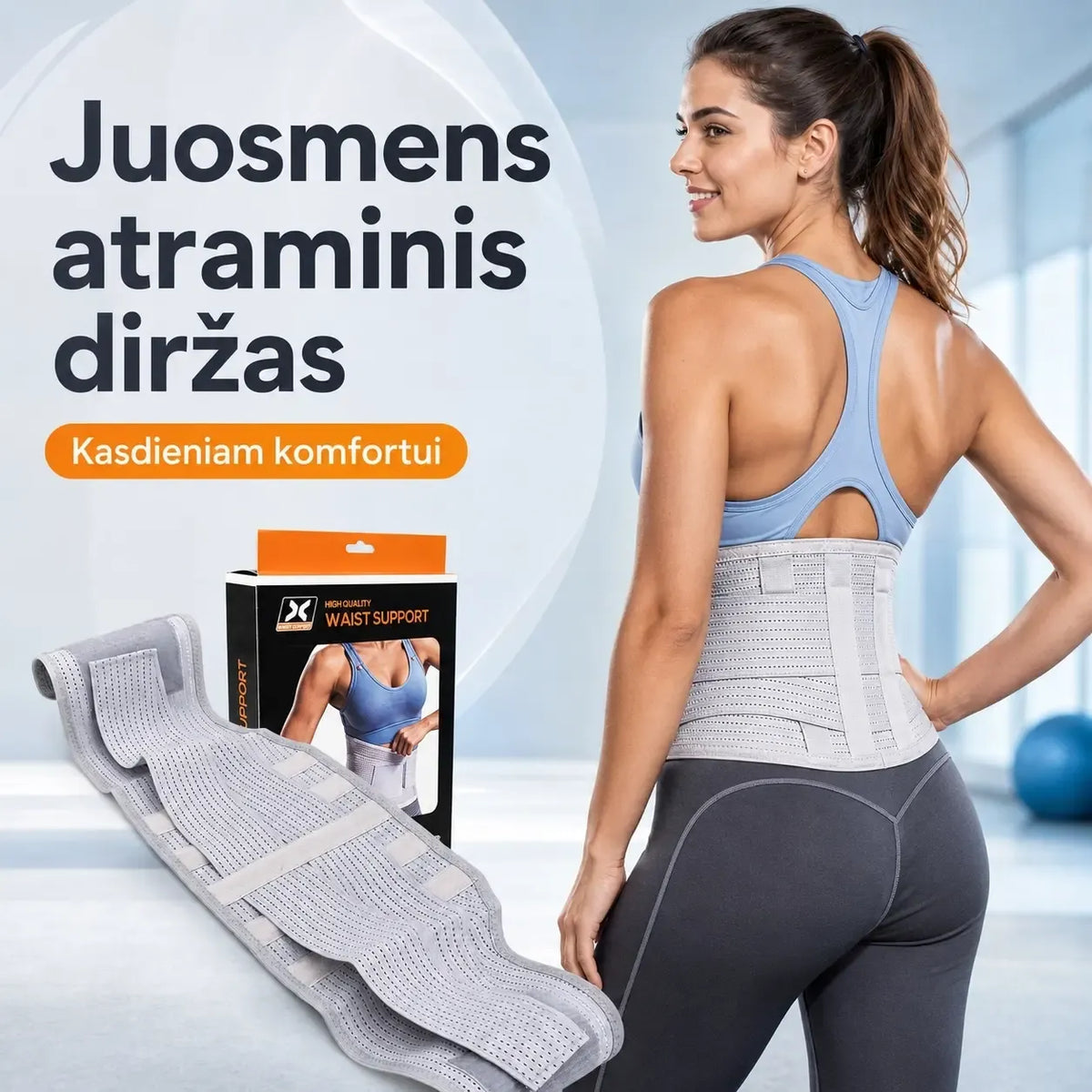 Sutvirtintas juosmens diržas „Waist Support“ 5409, tvirtinamas ir minkštas juosmens parama, medicininio dizaino.