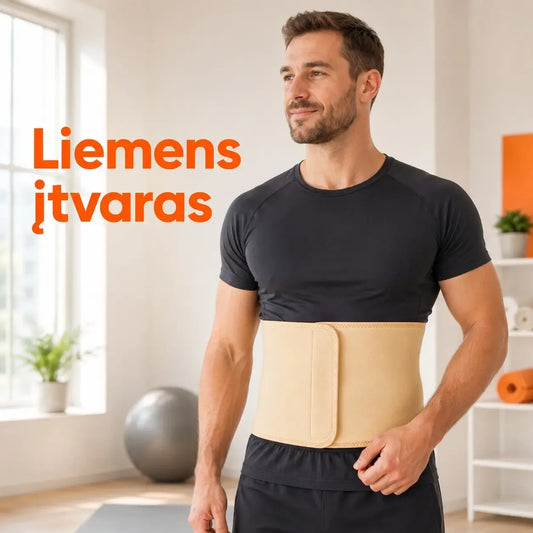 Su stipriais dirželiais ir reguliuojama juosmens atrama, juosmens įtvaras diržas, skirtas palaikyti ir stabilizuoti juosmenį.