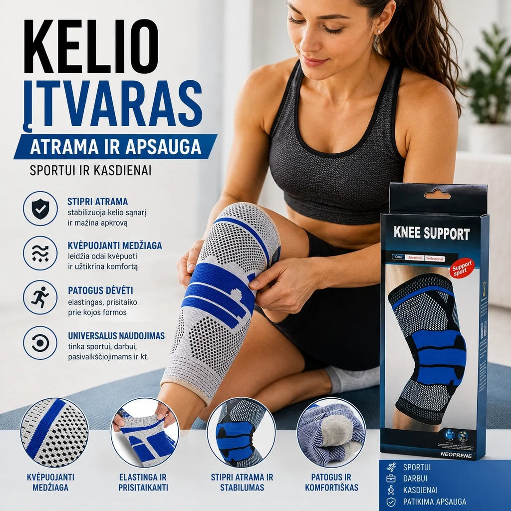 Sutvirtintas kelio sąnario įtvaras su metalinėmis juostelėmis
