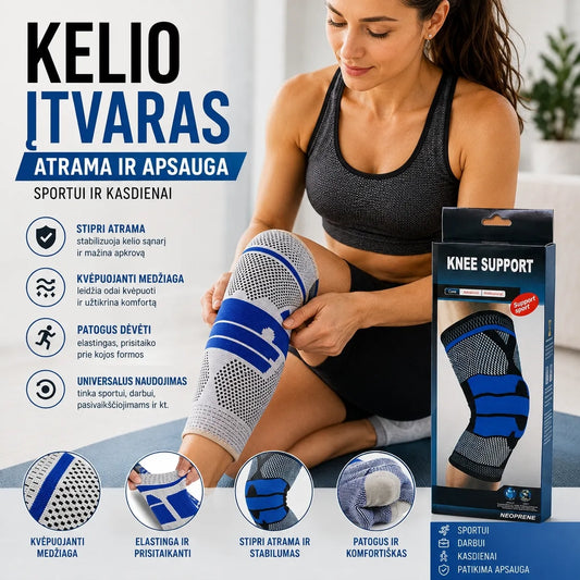 Sutvirtintas kelio sąnario įtvaras su metalinėmis juostelėmis