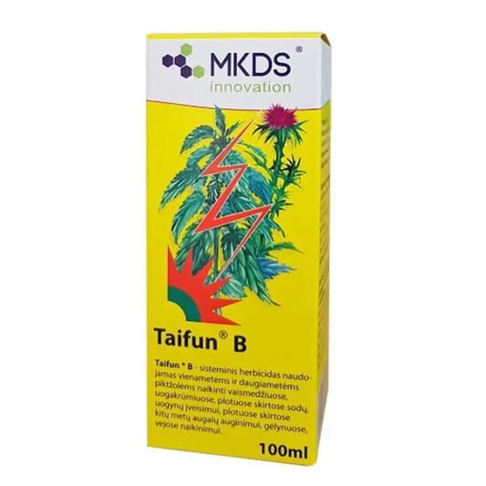 Sisteminis herbicidas Taifun B, 100 ml, skirtas piktžolių naikinimui, matomas pakuotės ir dozavimo priemonės vaizdas
