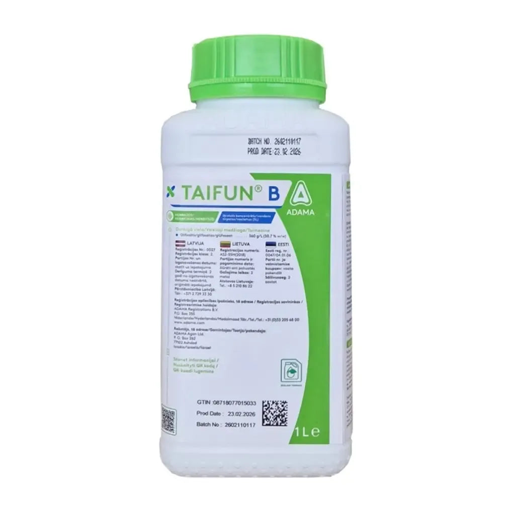Sisteminio herbicido Taifun B 1000 ml buteliukas, skirtas piktžolių naikinimui, su matomais etiketės užrašais ir dozavimo dalimis.