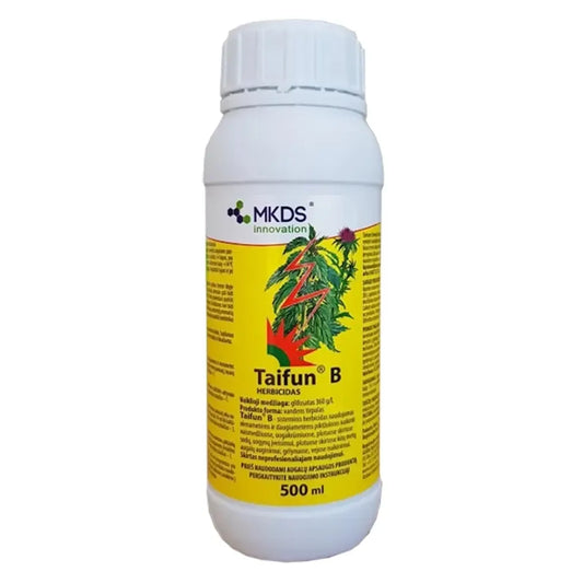 Sisteminio herbicido Taifun B 500 ml butelis, skirtas piktžolių naikinimui ir augalų apsaugai.