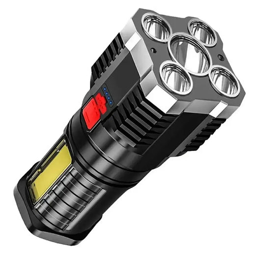 Taktinis LED žibintuvėlis 1000 lm su 5 T6 diodais ir COB šoniniu apšvietimu, tvirtas ir universalus naudoti lauke.