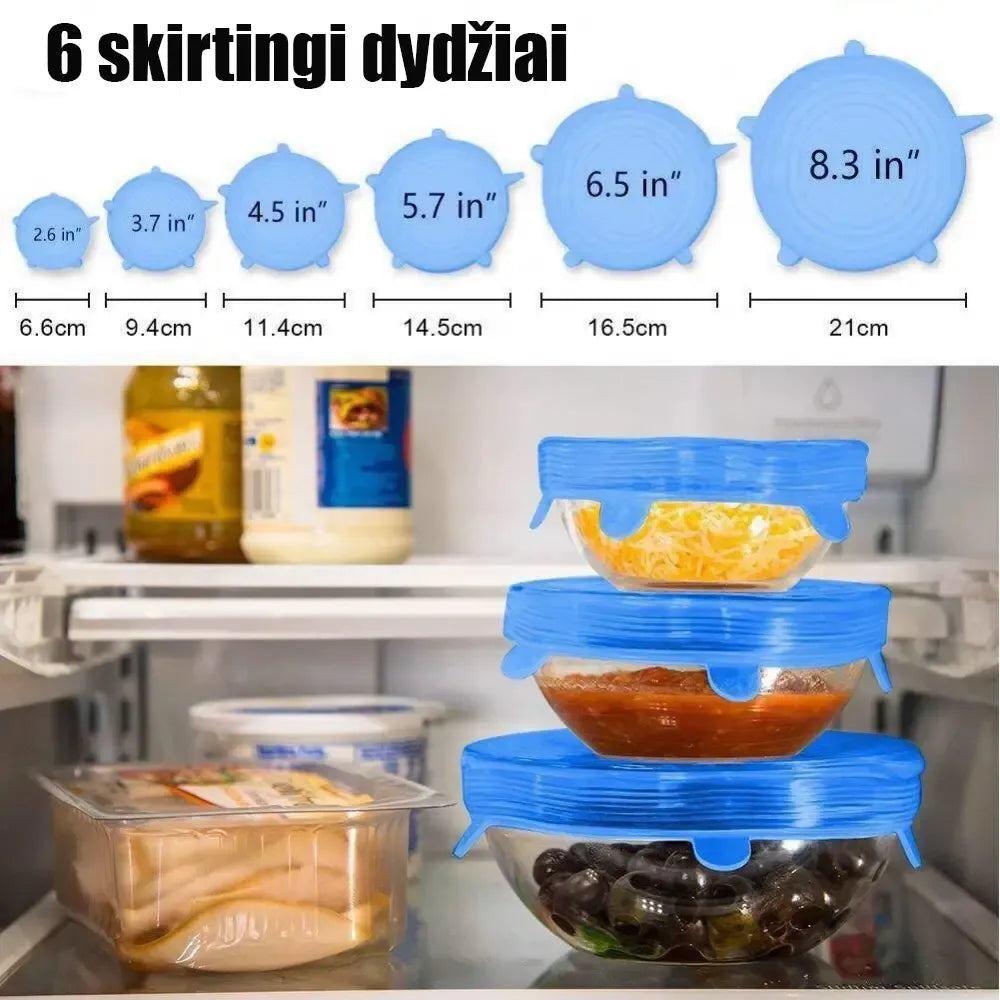 Silikoniniai dangteliai rinkinys, 6 vnt., įvairių dydžių, skirti maisto laikymui, lankstūs ir atsparūs temperatūrai.