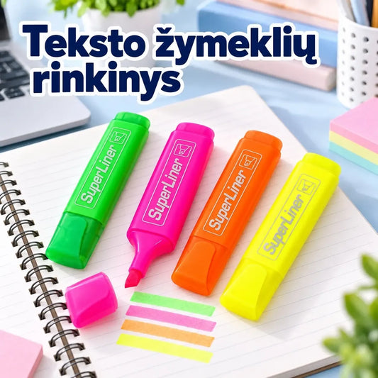 Keturi teksto žymekliai „Super Liner“ su ryškiomis spalvomis, skirti rašyti ir pažymėti tekstą.