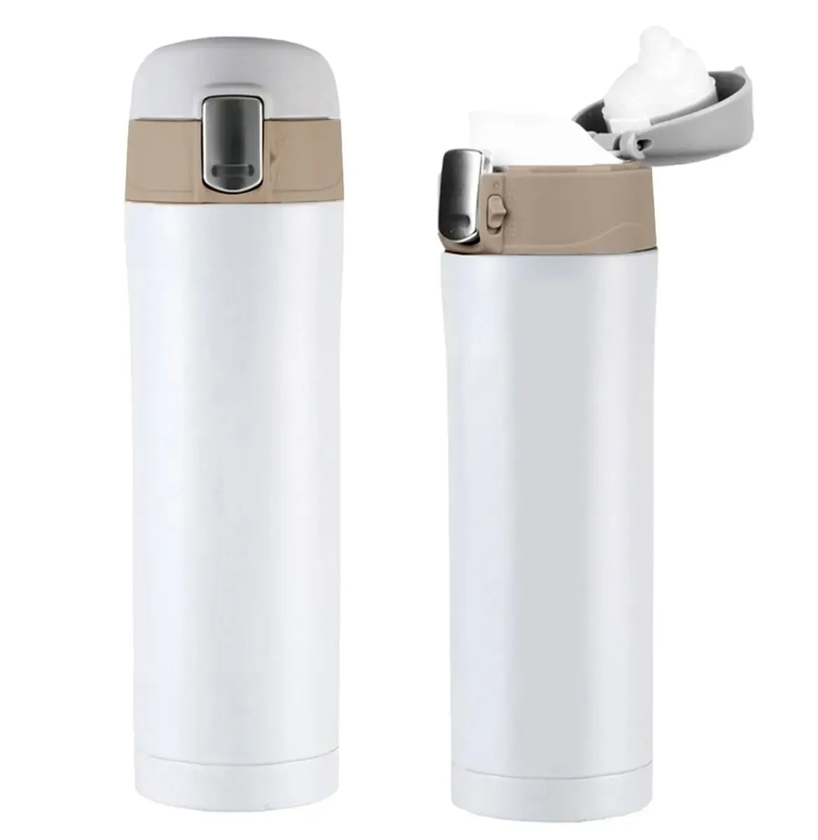 Baltas 450 ml termo puodelis, termosas su sandariu dangteliu, skirtas šiltiems ir šaltiems gėrimams.