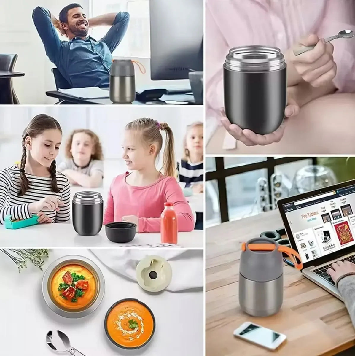 Termosas pietums 650 ml su šaukštu, sandarus ir patogus laikyti maistą bei gėrimus, su patogiu dangteliu ir šaukštu.